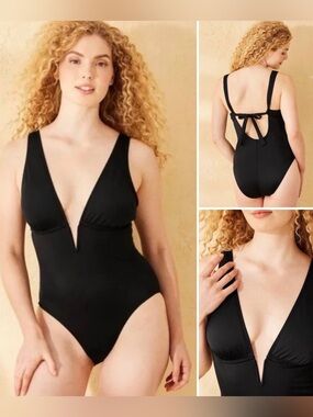 NWT Deep V-Plunge One Piece Swimsuit M 8-10 Tummy Control Full Seat Cover Black